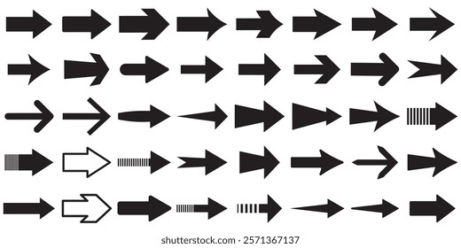 Arrow icon set. Black arrow set pointing right . Collection different arrow signs. Black arrows icons. Different cursor arrow direction symbols in flat style.