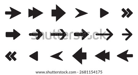 Arrow icon set. Black arrow sign and symbol, connection corner cursor badge, back arrowhead. Eps vector illustration with isolated on a white background. 