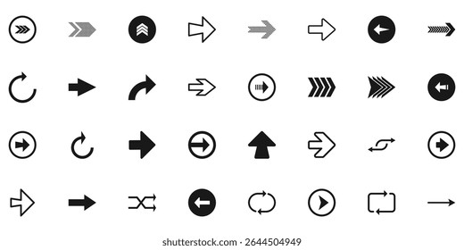 Arrow icon set. Black vector arrows icons. Collection different arrows sign. Black arrow pointing to the right. Contains symbol of various arrow head pointer. Vector illustration. 