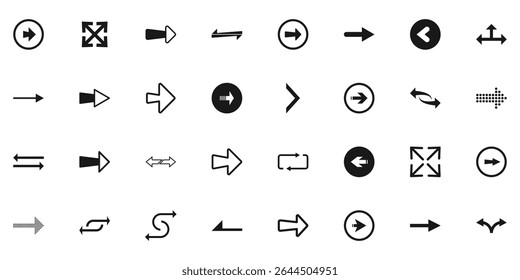 Ícone de seta definido. Ícones de setas de vetor pretas. Sinal de setas diferentes da coleção. Seta preta apontando para a direita. Contém símbolo de vários ponteiros de seta. Ilustração vetorial. 