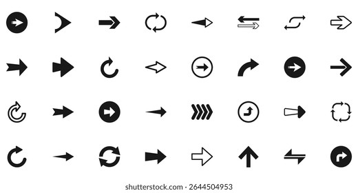 Arrow icon set. Black vector arrows icons. Collection different arrows sign. Black arrow pointing to the right. Contains symbol of various arrow head pointer. Vector illustration. 