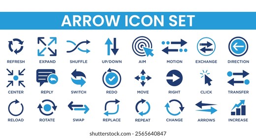 Arrow icon set in black-and-white featuring curved, straight, and directional arrows. Perfect for navigation, presentations, UI and UX design, business projects, infographics, and graphic design.