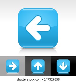 Arrow icon set. Blue color glossy web button with white sign. Rounded square shape with shadow, reflection on white, gray, black background. Vector illustration design element save 8 eps 