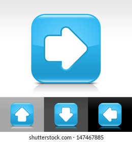 Arrow icon set. Blue color glossy web button with white sign. Rounded square shape with shadow, reflection on white, gray, black background. Vector illustration design element 8 eps 
