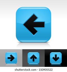 Arrow icon set. Blue glossy web button with black sign. Rounded square color shape with shadow, reflection on white, gray, black background. Vector illustration design element 8 eps 