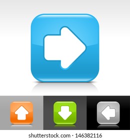 Arrow icon set. Blue, orange, green, gray color glossy web button with white sign. Rounded square shape with shadow, reflection on white, gray, black background. Vector illustration element 8 eps 