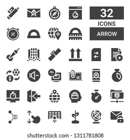 arrow icon set. Collection of 32 filled arrow icons included Mail, Global, Growth, Goal, Touch screen, Share, Server, Chronometer, Business, Location, Login, Gps, Envelope, Time