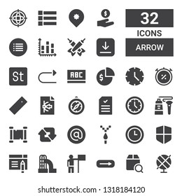 arrow icon set. Collection of 32 filled arrow icons included Globe, Localize, Exit, Success, Slide, Browser, Firewall, Time, Pixel, Arroba, Retweet, Scroll, Tube, Wall clock, Document