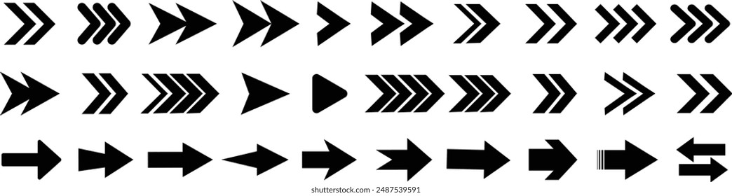 Conjunto de iconos de flecha. Colección de diferentes signos de flecha. Iconos de flecha negra. Diferentes símbolos de dirección de flecha de cursor en estilo plano.