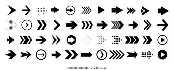 Arrow icon set, collection of different arrow signs, black arrow icons. Circle arrows, spinning loading symbol, cursor arrow direction symbols in flat style.