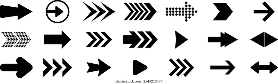 Arrow icon set. Collection different arrows sign. Set of big black vector arrows. Cursor, Click. Arrow icon pack