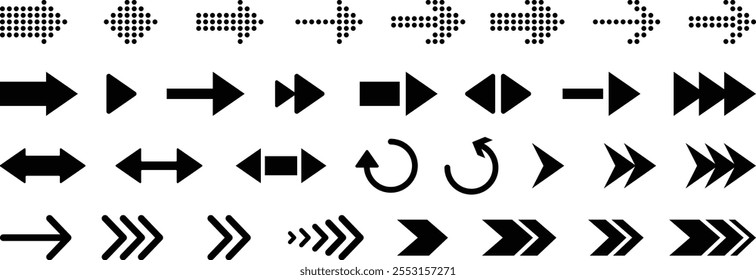 Ícone de seta definido. Sinal de setas diferentes da coleção. Seta. Símbolos de direção de seta de cursor diferentes em estilo plano. Cursor. Coleção de vetores de setas. Ilustração vetorial