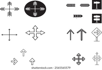 Arrow icon set. Collection of different black arrows on flat style for web design or interface. Isolated arrow symbol. Vector illustration
