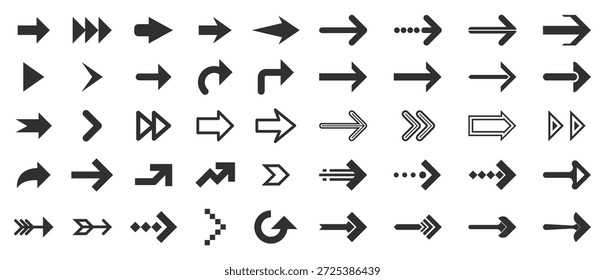 Ícone de seta definido. Sinal de setas diferentes da coleção. Setas simples modernas. Seta preta apontando para a direita. Ilustração vetorial.