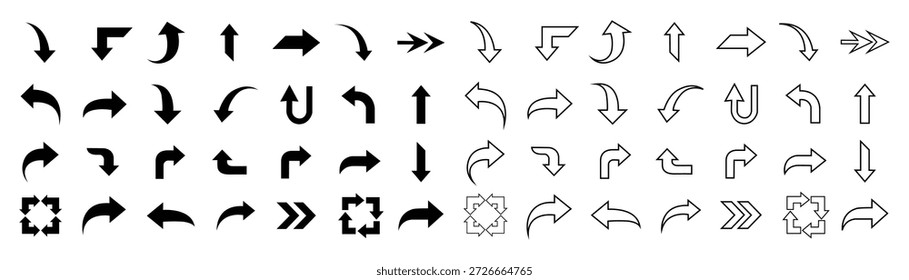 Pfeilsymbol-Set-Kollektion mit Richtungs-, Kurven-, Turn-, Reload- und Navigationssymbolen in Schwarz und Umrissformat für UI, Web, App und Infografik