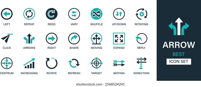 Arrow icon set collection. Left, repeat, redo, vary, shuffle, rotating, click, right, share, moving, expand, reply and best solid icon set.