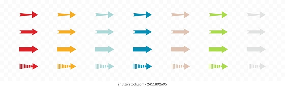 Conjunto de iconos de flecha. Símbolos de flecha de color. Flecha de diferentes tipos. Elementos gráficos vectoriales aislados de flecha.