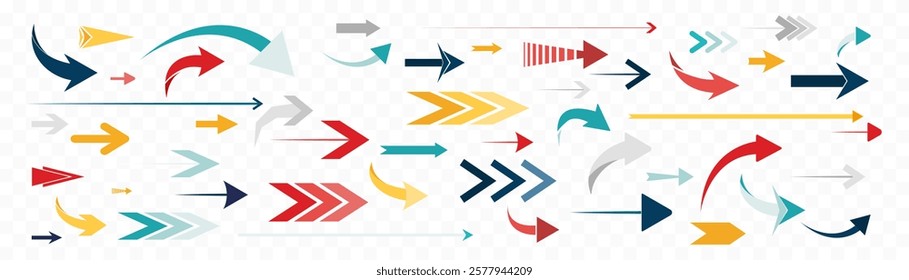 Arrow icon set. Colored arrow symbols. Arrow of different types. Arrow isolated vector graphic elements.	