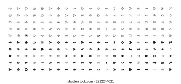 Conjunto de iconos de flecha. Concepto de dirección. Señales de puntero. Símbolo de navegación para app y ui. Ilustración vectorial.