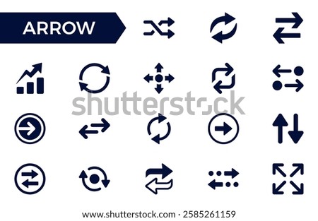 Arrow icon set. Containing cursor arrow, change, transfer, switch, swap, exchange, up, down and refresh symbol icons. Solid icon collection.