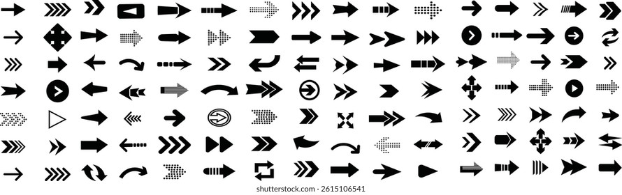Arrow icon set. Arrow. Cursor. Black vector arrows icons. Collection different arrows sign. Modern simple arrows. Black arrow pointing to the right. Black direction pointer. Vector illustration.