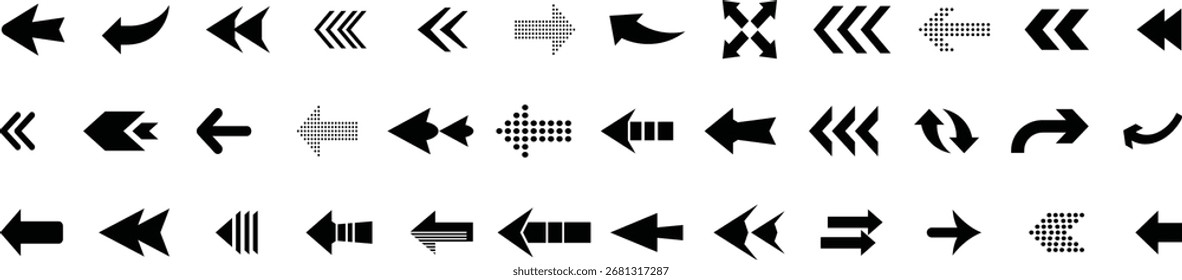 Conjunto de iconos de flecha. Flecha. Cursor. Iconos de flechas de Vector negro. Colección de diferentes signos de flechas. Modernas flechas simples. Flecha negra que apunta a la derecha. Puntero de dirección negro. Ilustración vectorial.