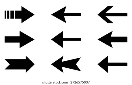 Ícone de seta definido. Seta. Cursor. Ícones de setas de vetor pretas. Sinal de setas diferentes da coleção. Setas simples modernas. Seta preta apontando para a direita. Ponteiro de direção preto. Arquivo eps vetorial.