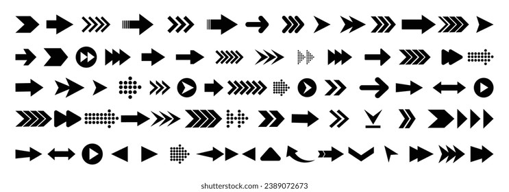 Arrow icon set. Arrow. Cursor. Collection different arrow signs. Black arrows icons. Different cursor arrow direction symbols in flat style.