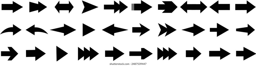 Arrow icon set. Cursor. Collection different arrow signs. Black arrow icons. Different cursor arrow direction symbols in flat style.