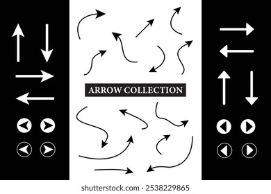 Arrow icon set. Arrow. Cursor. Collection different arrow signs. Black arrows icons. Different cursor arrow direction symbols in flat style.