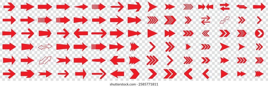 Arrow icon set. Cursor. Collection different arrow signs. Red arrows icons. icon collection. Large red arrow icon vector set.  Red arrow set. 