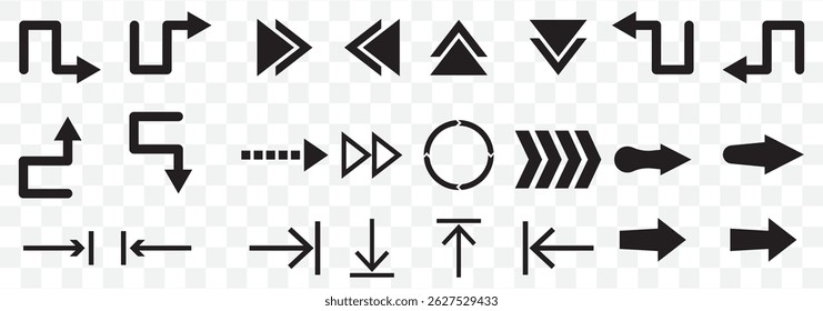 Arrow icon set. Arrow. Cursor. Collection different arrow signs. Black arrows icons. Different cursor arrow direction symbols in flat style on Transparent Background. EPS 10.