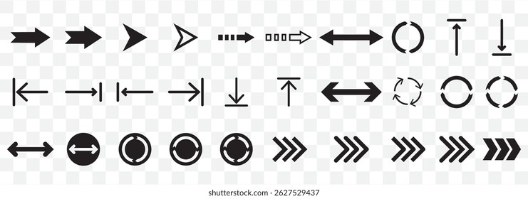 Arrow icon set. Arrow. Cursor. Collection different arrow signs. Black arrows icons. Different cursor arrow direction symbols in flat style on Transparent Background. EPS 10.