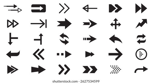 Arrow icon set. Arrow. Cursor. Collection different arrow signs. Black arrows icons. Different cursor arrow direction symbols in flat style. 
