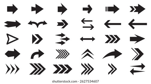 Arrow icon set. Arrow. Cursor. Collection different arrow signs. Black arrows icons. Different cursor arrow direction symbols in flat style. 