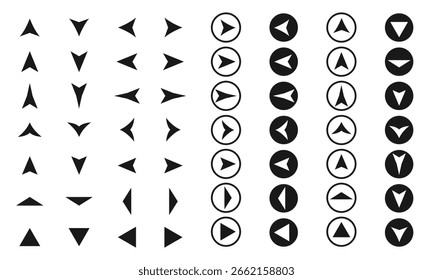 Arrow icon set. Arrow. Cursor. Collection different arrow signs. Black arrows icons. Different cursor arrow direction symbols in flat style.