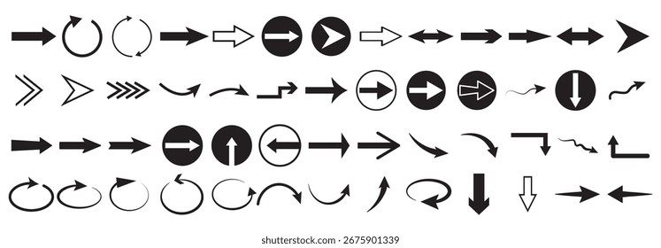 Arrow icon set. Arrow. Cursor. Collection different arrow signs. Black arrows icons. Different cursor arrow direction symbols in flat style.