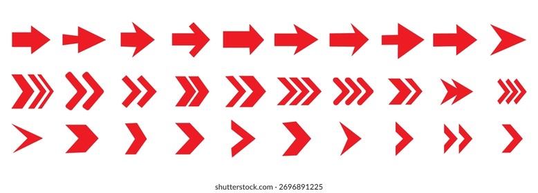 Conjunto de iconos de flecha, colección de cursor de flecha, conjunto de Vectores de iconos rojos. Colección Flechas de Vector rojo.  Mega conjunto de flechas de Vector. Icono rojo de flecha larga. Colección de Vector de icono de flecha larga roja