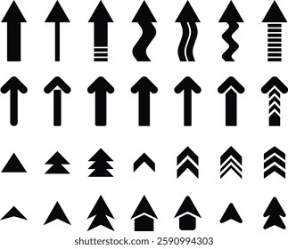 Arrow icon set. Cursor. Different arrow signs. Black arrows icons.  Various arrow trunks and heads. Vector file. A transparent background