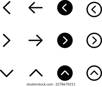 Arrow icon set cursor arrow up down and symbol icons. Modern simple solid arrows collection web design, mobile apps, interface minimal flat, solid line left right top bottom direction path way media