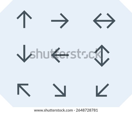 Arrow icon set cursor arrow up down and symbol icons. Modern simple solid arrows collection web design, mobile apps, interface minimal flat, solid line left right top bottom direction path way media 