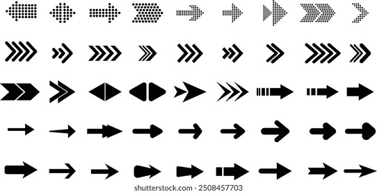 Ícone de seta definido. Seta. Cursor. Coleção de vetores de seta. Colecione diferentes sinais de seta. Ícones de setas pretas. Coleção de ilustrações de vetor de setas.