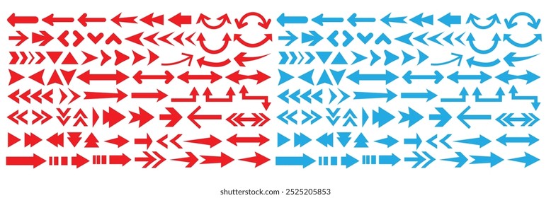 Arrow icon set. Curve arrow, Cursor icon. Red and blue big set arrow collection. Different arrow cursor in different direction. Vector illustration.  