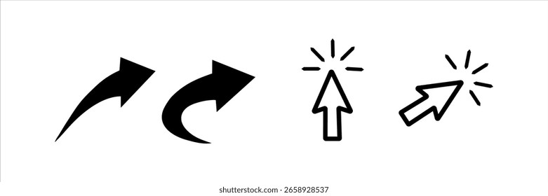 Arrow icon set with curved navigation symbols and mouse click pointers. Black vector arrows for UI, UX, web and app interface design elements.