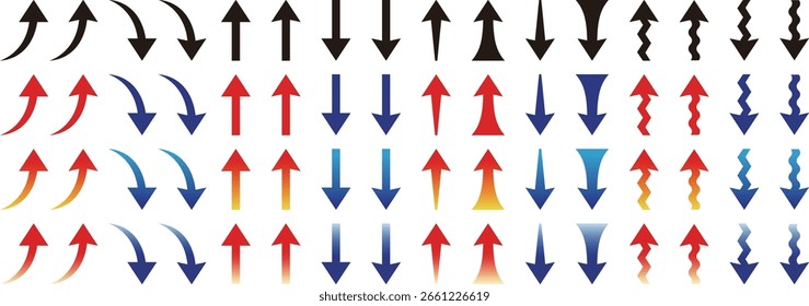 Conjunto de iconos de flecha: flechas curvas, en zigzag, arriba y abajo para infografías y presentaciones