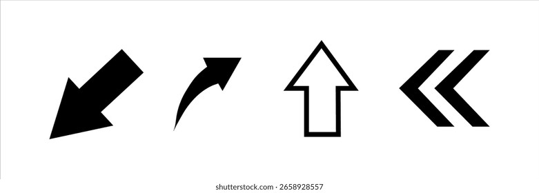 Arrow icon set with diagonal, curved, up and double left arrows. Black vector symbols for navigation, direction, UI, UX, web design and interface elements.