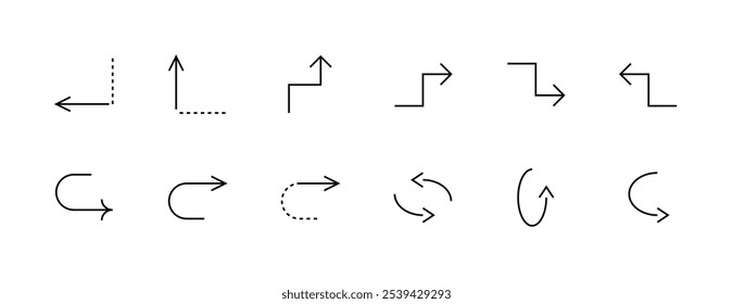 Arrow icon set. Different direction  arrows, navigation, way-finding, forward, replace, clockwise, turn right and more. Editable stroke. Pixel Perfect. Grid base 32px.