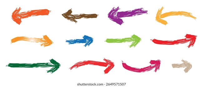 Arrow icon set, Set of different grunge brush strokes arrows. multi colored Vector hand-drawn arrow icon set. Hand drawn grunge brush sketch.