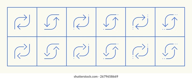 Conjunto de iconos de flecha. Diferentes iconos de flecha, dirección, navegar, flecha doble, dirección diferente, entrada, colapso, Cargar, Descarga y más. Trazo editable.