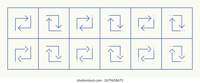 Conjunto de iconos de flecha. Diferentes iconos de flecha, dirección, navegar, flecha doble, dirección diferente, entrada, colapso, Cargar, Descarga y más. Trazo editable.